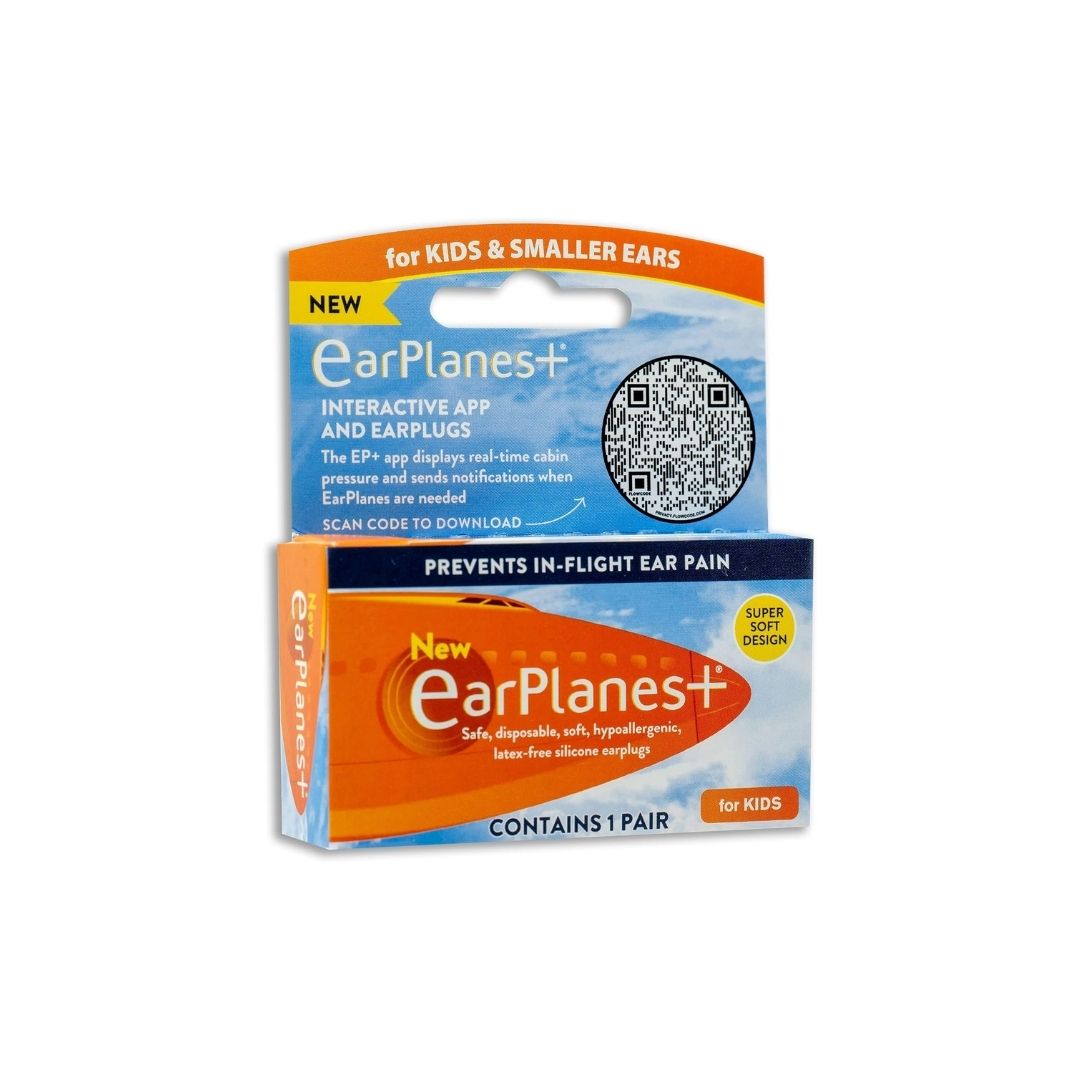 EarPlanes+ Kids Pressure-Regulating Earplugs packaging (side angle) on a white background