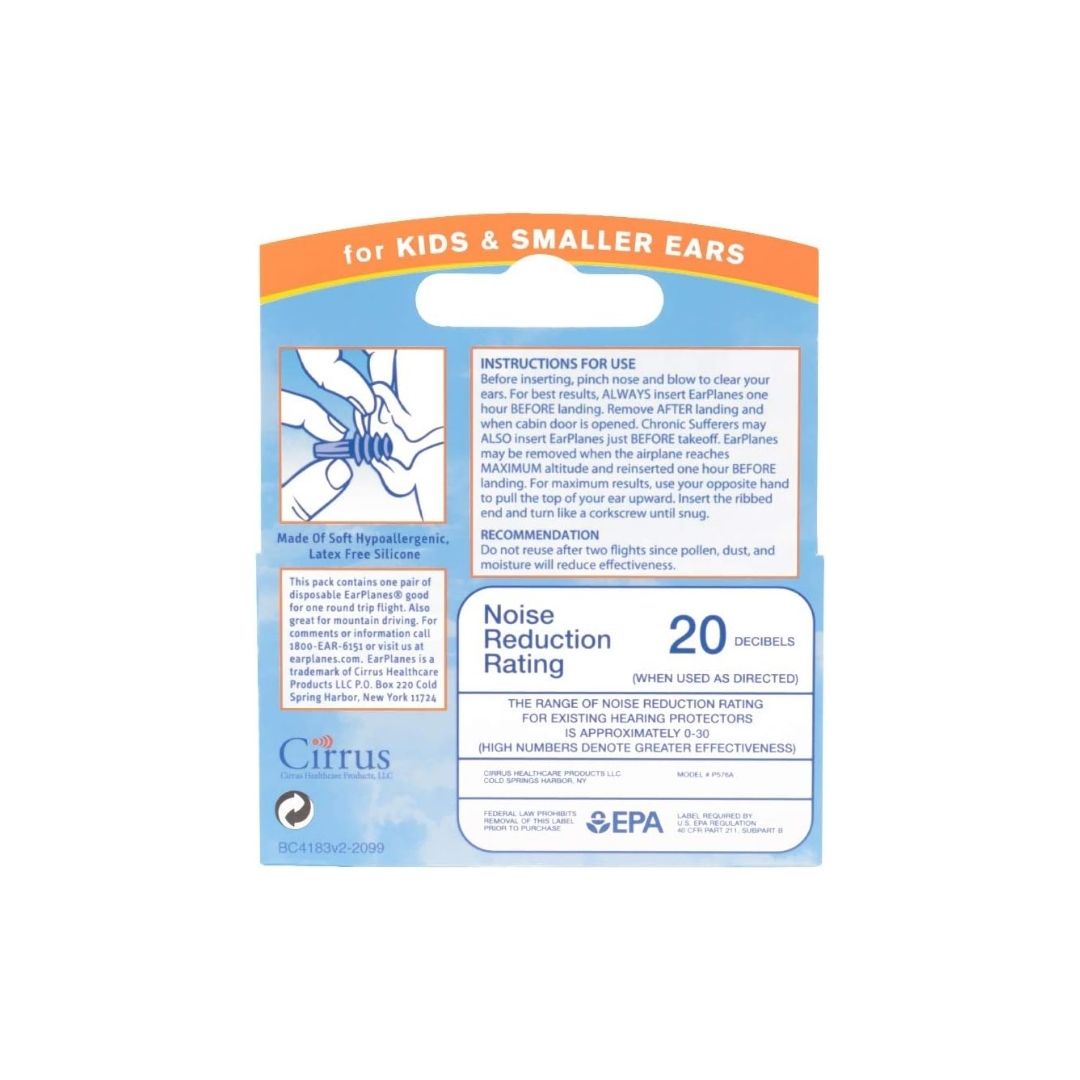 EarPlanes+ Kids Pressure-Regulating Earplugs packaging (rear angle) on a white background