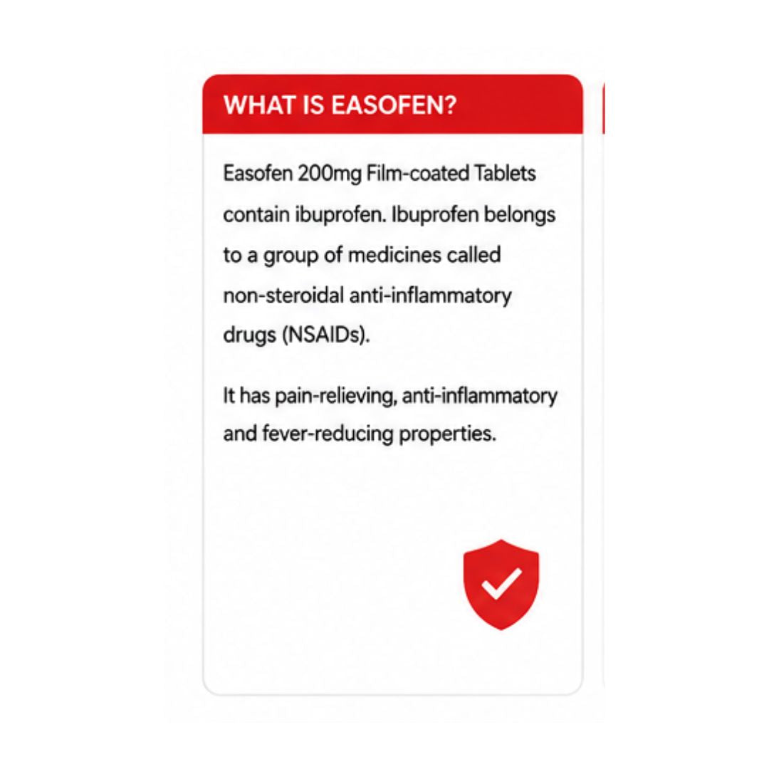 Easofen 200mg Film-Coated 24 Tablets 'WHAT IS EASOFEN?' graphic on a white background