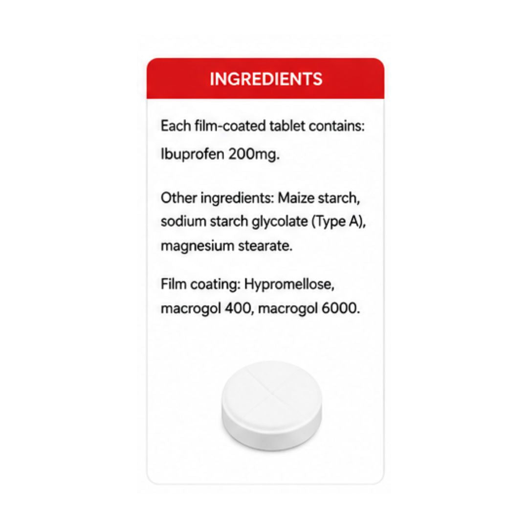 Easofen 200mg Film-Coated 24 Tablets 'INGREDIENTS' graphic on a white background