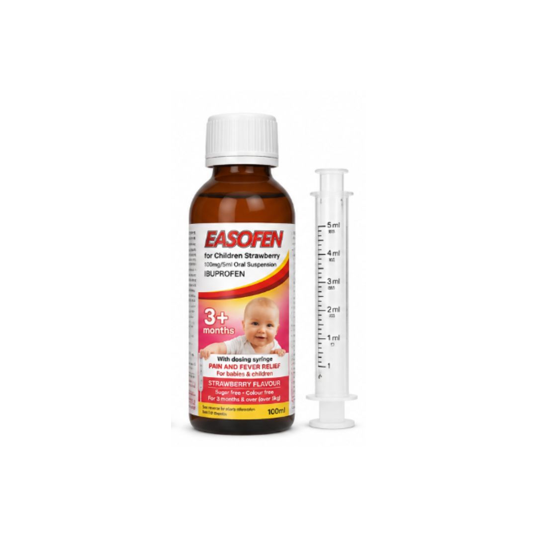 Easofen for Children Strawberry 100mg/5ml Oral Suspension  bottle and syringe on a white background