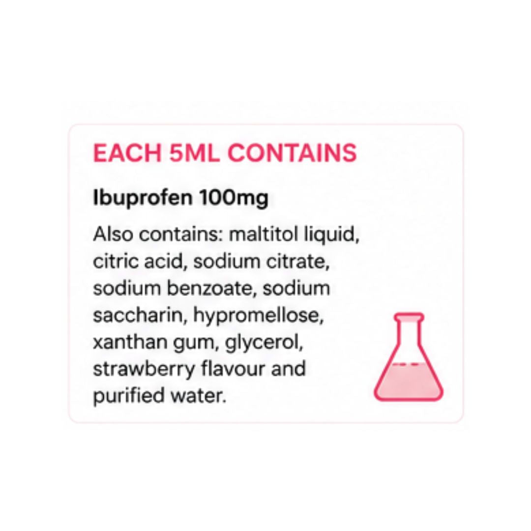 Easofen for Children Strawberry 100mg/5ml Oral Suspension dosage information graphic on a white background