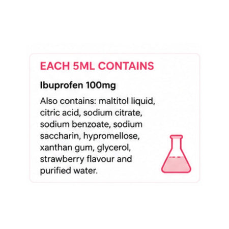 Easofen for Children Strawberry 100mg/5ml Oral Suspension dosage information graphic on a white background