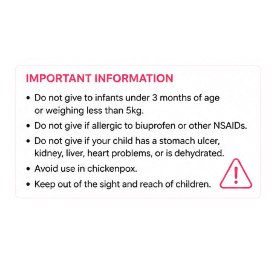 Easofen for Children Strawberry 100mg/5ml Oral Suspension 'IMPORTANT INFORMATION' product information graphic