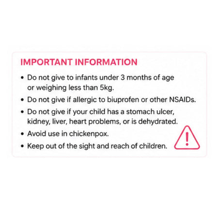 Easofen for Children Strawberry 100mg/5ml Oral Suspension 'IMPORTANT INFORMATION' product information graphic