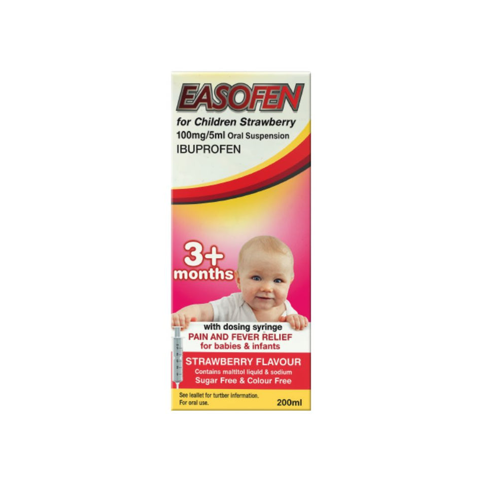 Easofen for Children Strawberry 100mg/5ml Oral Suspension packaging on a white background