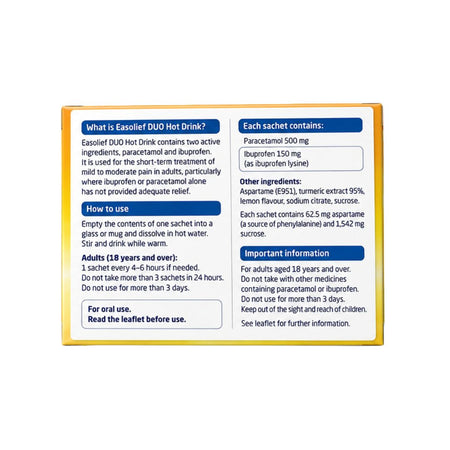 A rectangular product information panel with a yellow border and blue text boxes, showing usage instructions and package contents for Easileaf DUO Hot Drink.