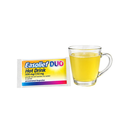 Easolief DUO Hot Drink powder sachet next to a clear glass mug filled with yellow liquid, on a plain white background.