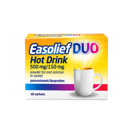 A box of Easolief DUO Hot Drink oral solution sachets, featuring a yellow and white package design with a white coffee mug illustration, on a solid white background.