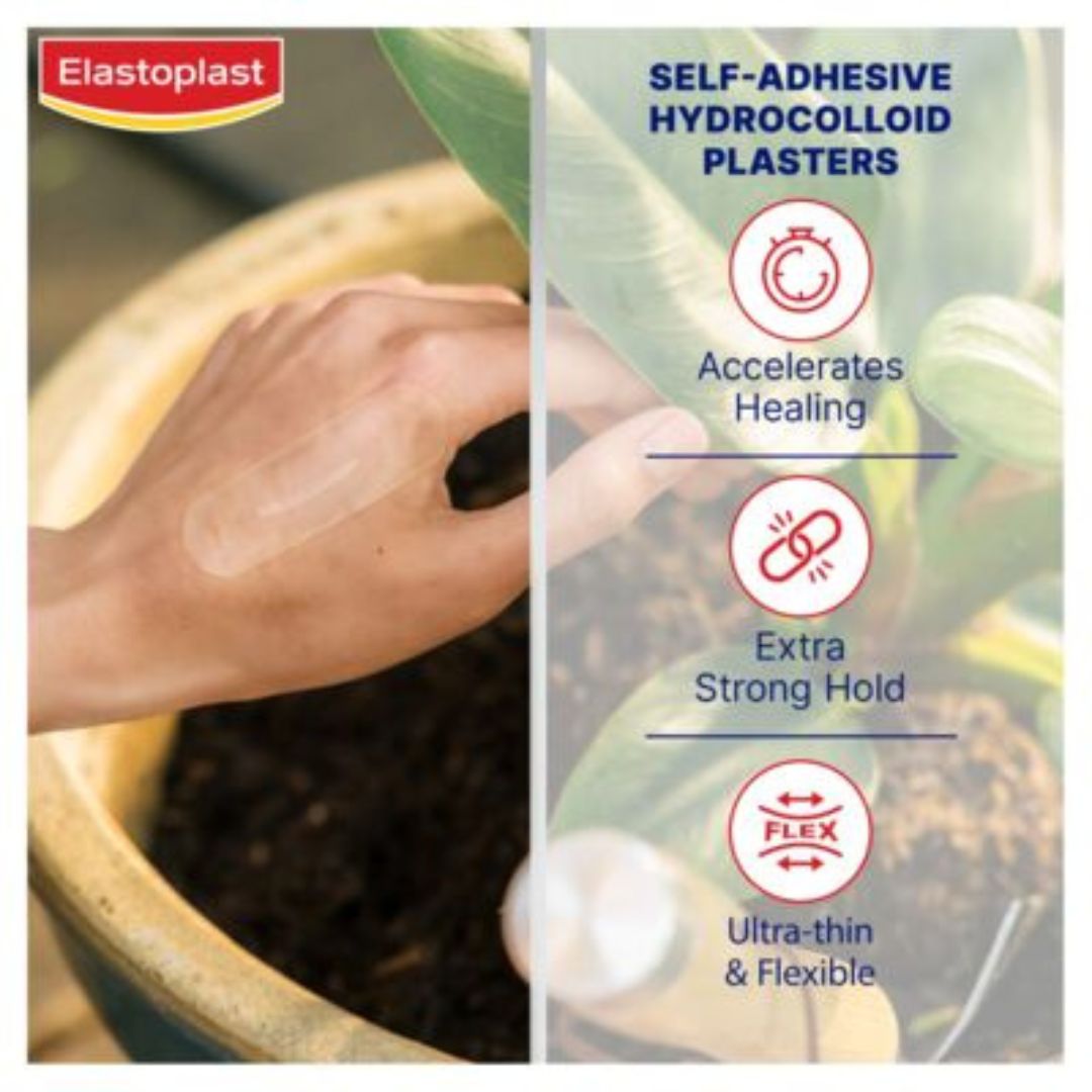 Elastoplast self-adhesive hydrocolloid plasters infographic on a split background showing a hand applying a white bandage to a plant pot. The left side shows a hand applying a white bandage to dark soil in a pot, while the right side features product text and icons for 'Accelerates Healing', 'Extra Strong Hold', and 'Ultra-thin & Flexible'.