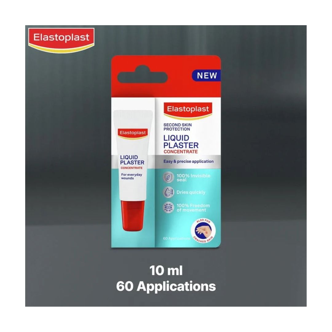 Elastoplast Liquid Plaster Concentrate packaging on a grey background with '10ml 60 Applications' typed below
