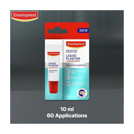Elastoplast Liquid Plaster Concentrate packaging on a grey background with '10ml 60 Applications' typed below