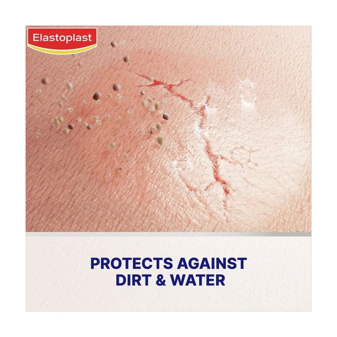 Elastoplast Liquid Plaster Concentrate graphic showing product on skin with the words 'PROTECTS AGAINST DIRT & WATER'