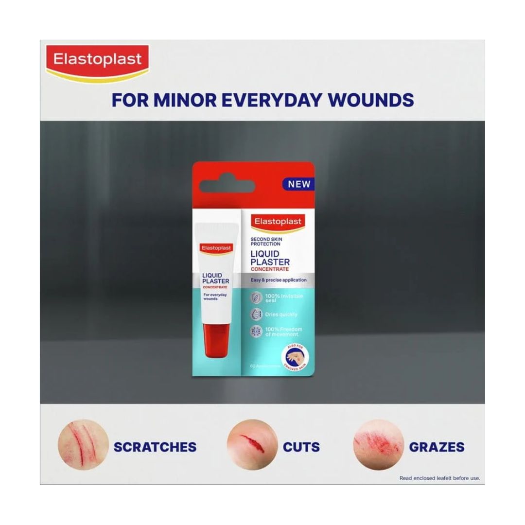 Elastoplast Liquid Plaster Concentrate packaging on a grey background with the words 'FOR MINOR EVERYDAY WOUNDS' above it