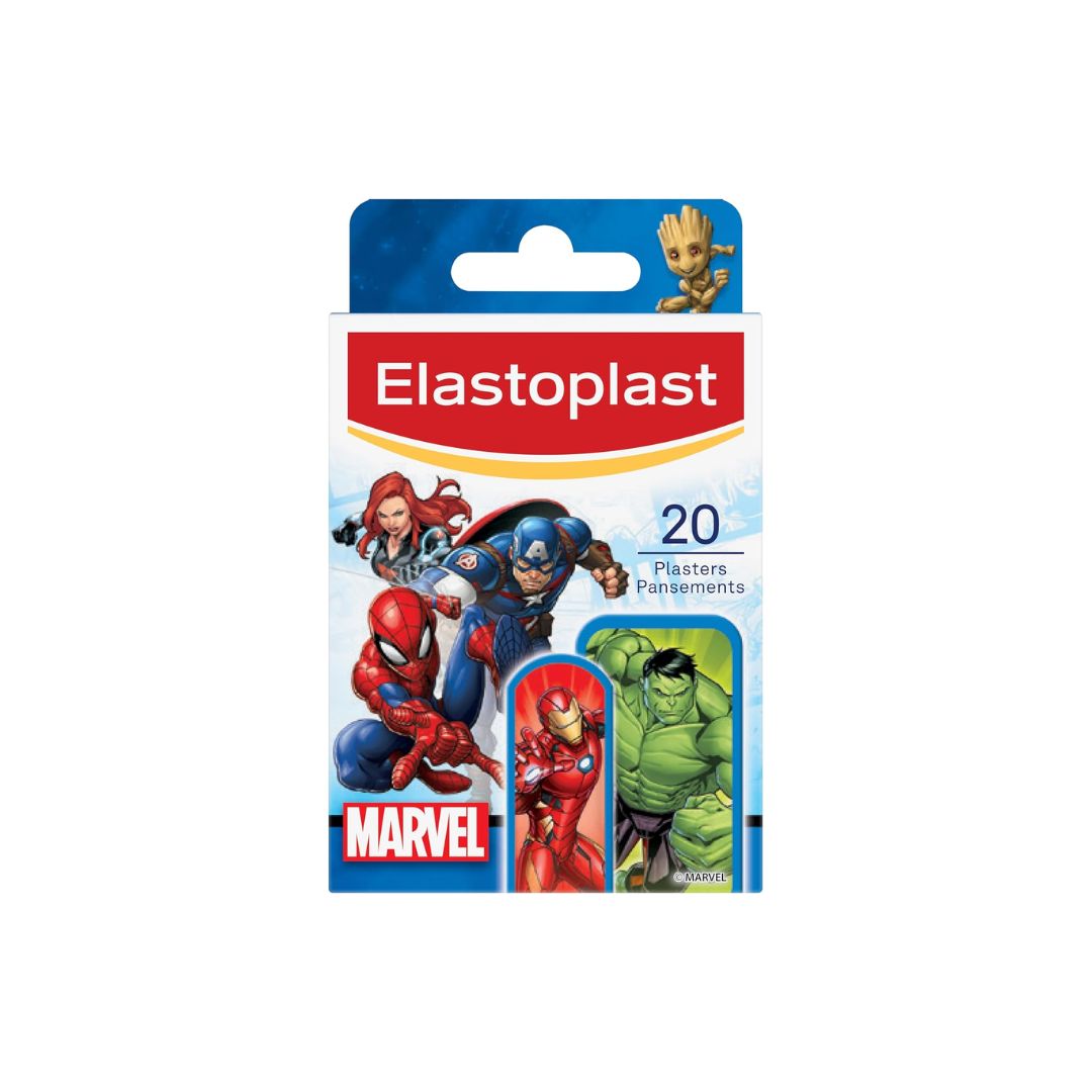 Elastoplast Kids Marvel Plasters box (front angle) on a white background