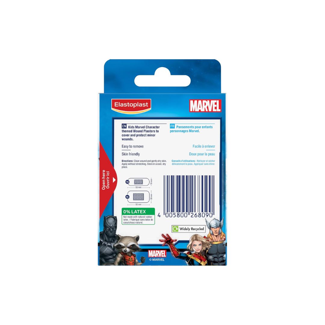 Elastoplast Kids Marvel Plasters box (rear angle) on a white background