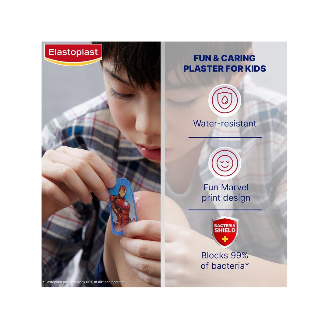 Elastoplast Kids Marvel Plasters product information graphic on a background of a child applying the plaster
