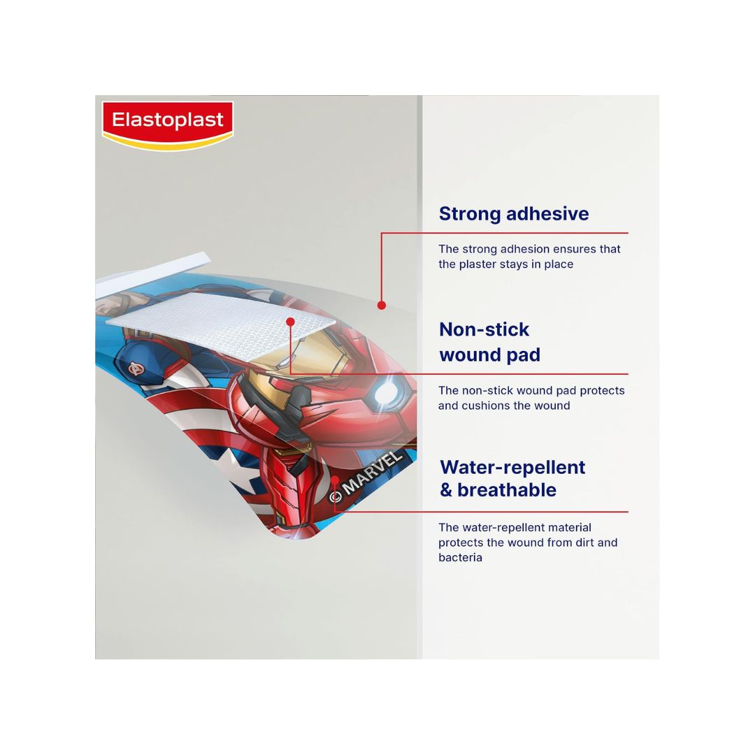 Elastoplast Kids Marvel Plasters product information on a graphic of the plaster