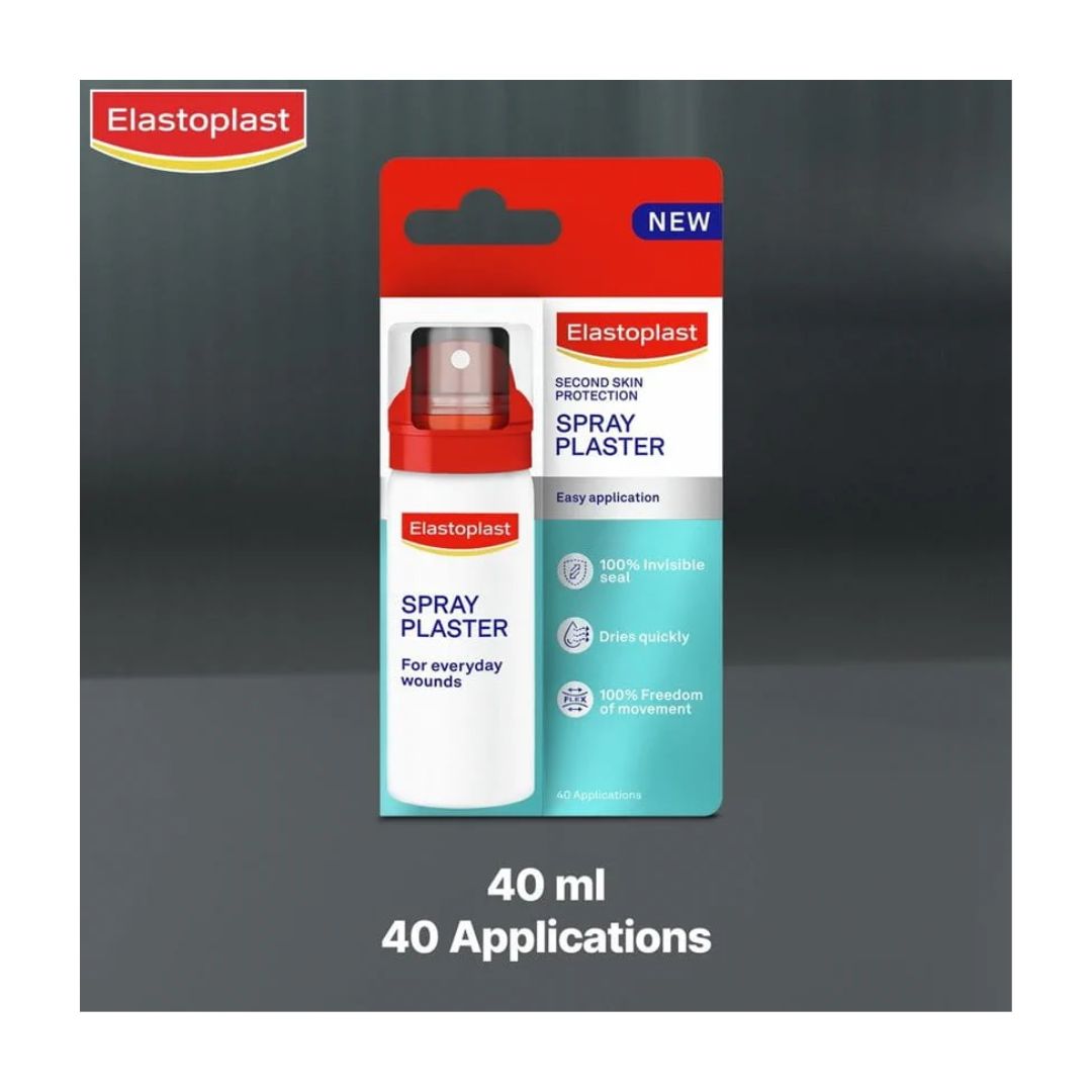 Elastoplast Spray Plaster box on a grey background with product applications