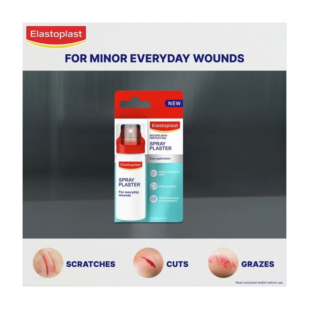 Elastoplast Spray Plaster box on a grey background with product uses 