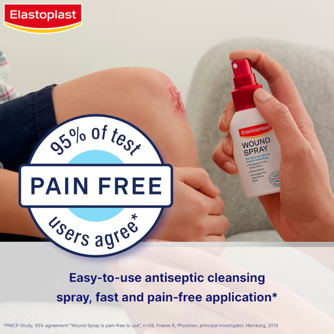 Elastoplast wound spray being used on a person's leg with a visible scar, against a neutral background.
