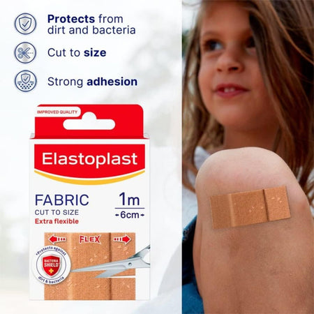 Elastoplast fabric cut-to-size adhesive bandages shown in retail packaging alongside a child wearing a bandage on their knee, with feature callouts about protection from dirt and bacteria and strong adhesion.