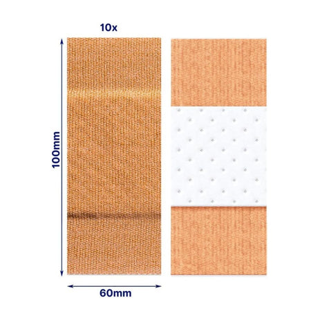 Two adhesive bandage pieces shown on a white background with dimension labels: a plain textured bandage 100mm by 60mm and a bandage with a white dotted adhesive side, labeled 10x.