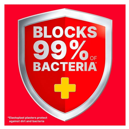 A red shield-shaped graphic with a silver border and a yellow cross, featuring the text 'BLOCKS 99% OF BACTERIA' on a bright red background.