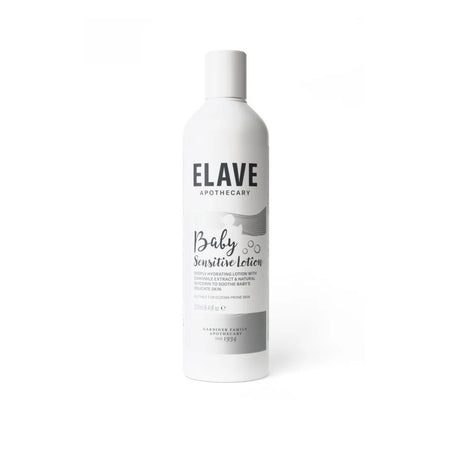 A white plastic bottle of ELAVE APOTHECARY Baby Sensitive Skin moisturizer with a white cap, shown on a clean white background.