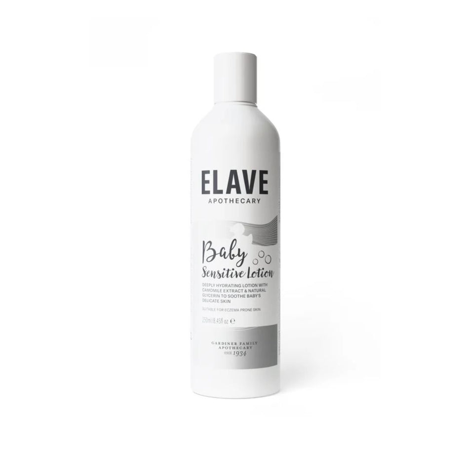 A white plastic bottle of ELAVE APOTHECARY Baby Sensitive Skin moisturizer with a white cap, shown on a clean white background.