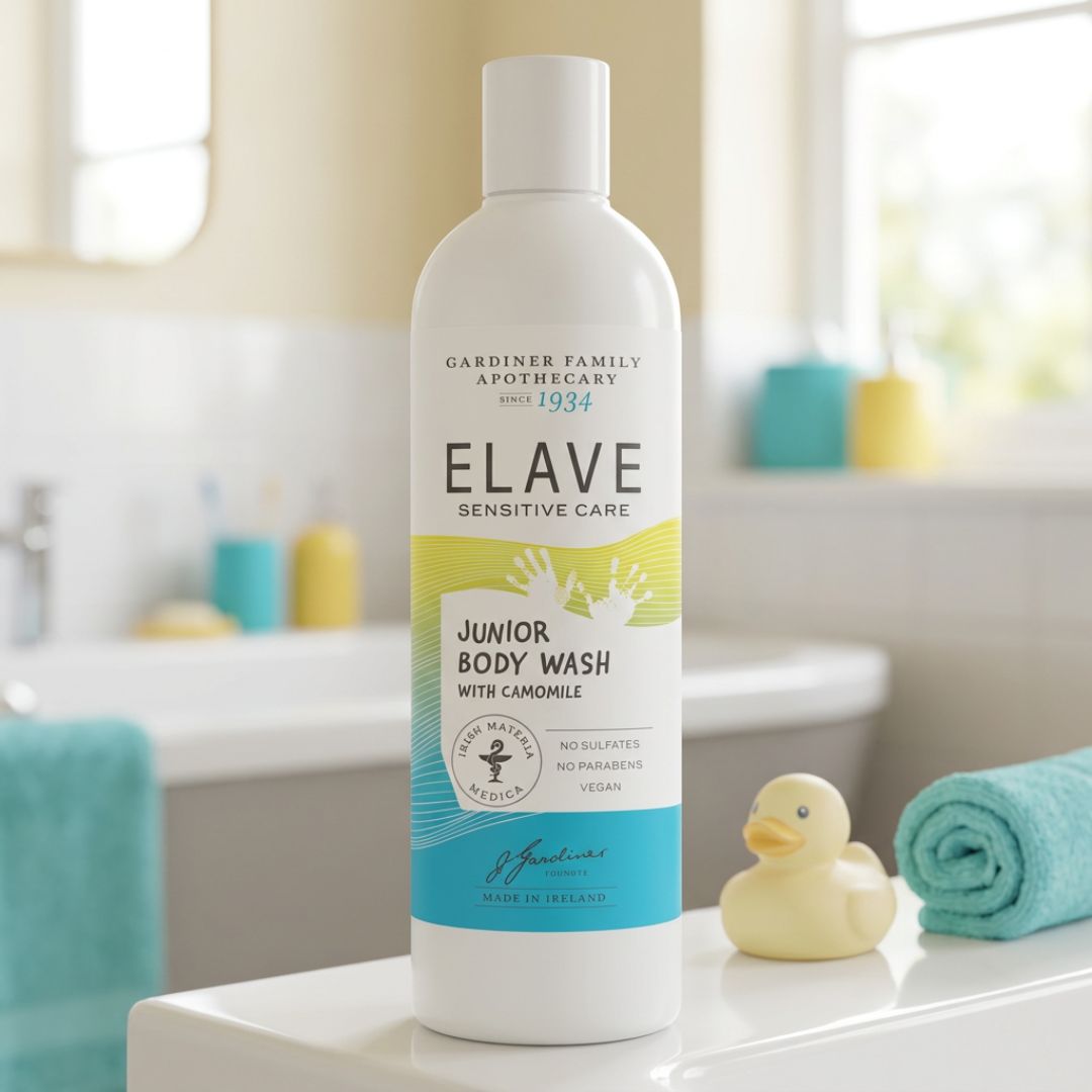 Elave Junior Body Wash 400ml on a bathroom background