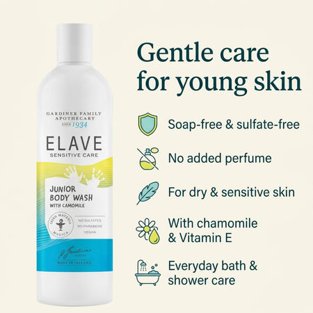 Elave Junior Body Wash 400ml on a crem background with product benefits to the right