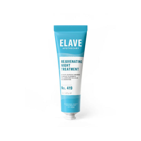 A tube of ELAVE APOTHECARY Rejuvenating Night Treatment No. 419, featuring a light blue and white design, centered on a clean white background.