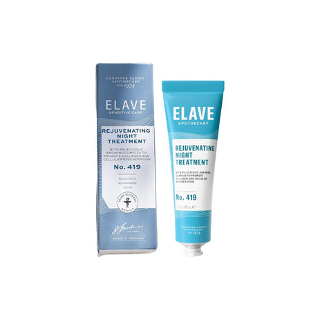 ELAVE Rejuvenating Night Treatment No. 419 by Gardiner Families Apothecary, shown as a light blue and white box next to a matching squeeze tube on a white background.