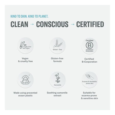 A clean infographic on a light gray background with the headline 'CLEAN -> CONSCIOUS -> CERTIFIED' and six circular feature icons for vegan & cruelty free, gluten-free formula, Certified B-Corporation, ocean plastic, camomile extract, and eczema-dermatitis suitability.