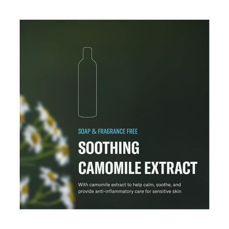 A square promotional graphic for a soothing camomile extract product. The design features a dark green background with a white outline of a bottle at the top, and a soft-focus image of white flowers on the left.