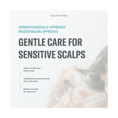 A square promotional graphic with the text 'GENTLE CARE FOR SENSITIVE SCALPS' and supporting copy including 'SULFATE FREE', 'DERMATOLOGICALLY APPROVED', and 'PAEDIATRICIAN APPROVED'. The background is very light gray with a soft, out-of-focus photo of a person's head and hair on the right side.