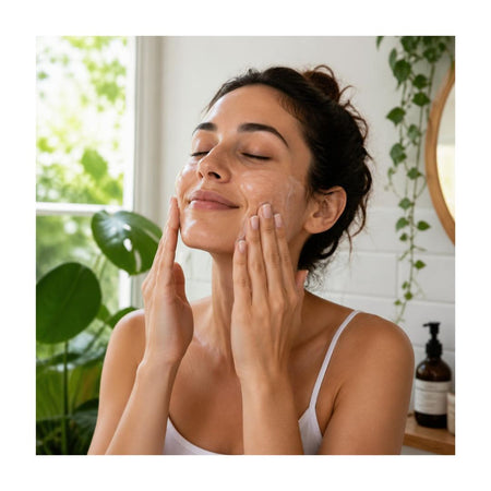 A woman with closed eyes and a serene expression applies a clear skincare product to her face, set in a bright bathroom with green plants and a wooden mirror.