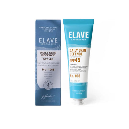 Elave Apothecary Daily Skin Defence SPF 45 sunscreen tube and matching blue-and-white product box on a clean white background.