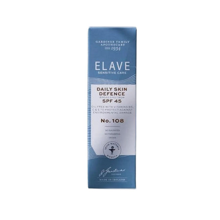 Elave Sensitive Care Daily Skin Defence SPF 45 bottle, No. 108, in a blue and white box packaging, shown against a plain white background.