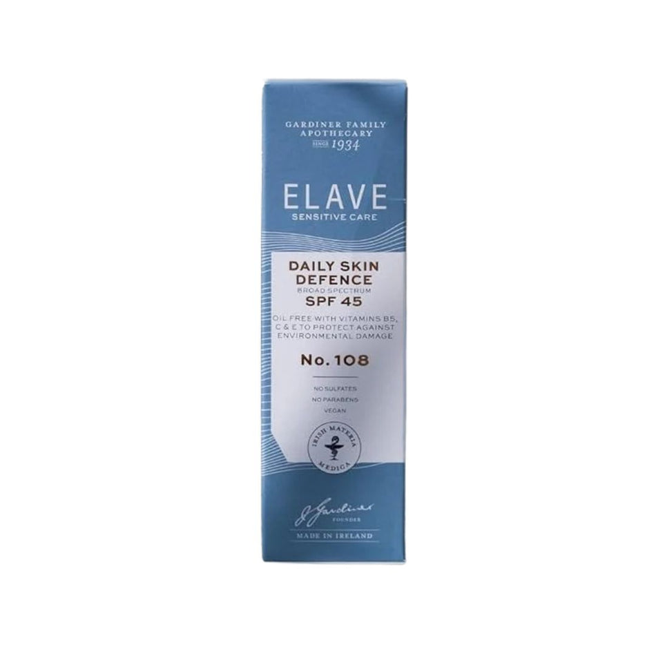 Elave Sensitive Care Daily Skin Defence SPF 45 bottle, No. 108, in a blue and white box packaging, shown against a plain white background.