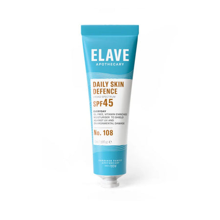 A tube of ELAVE APOTHECARY Daily Skin Defence SPF 45 sunscreen cream, No. 108, featuring a light blue and white design with orange text, set against a plain white background.