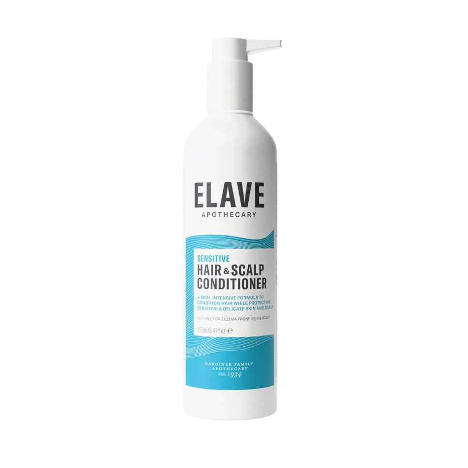 A white pump bottle of ELAVE Apothecary Sensitive Hair & Scalp Conditioner with blue and black text on a clean white background.
