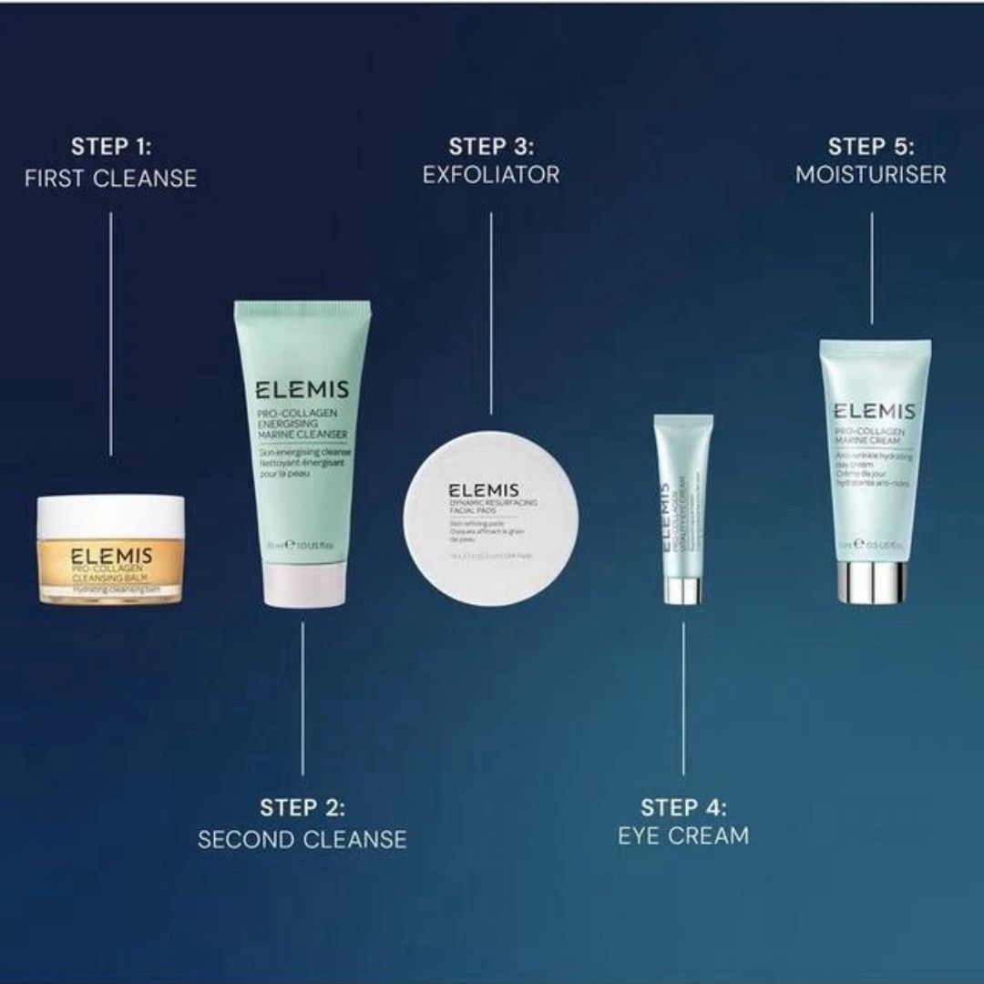 Elemis Away for the Holidays Travel Set contents on a blue background