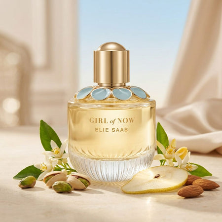 Elie Saab Girl of Now Eau de Parfum 50ml on a countertop with ingredients