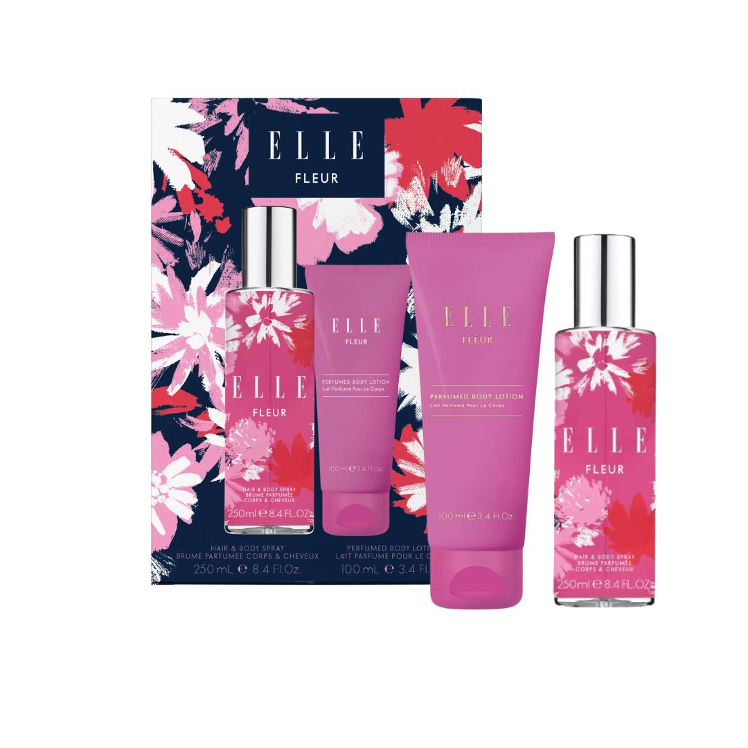 ELLE Fleur Body Spray & Lotion Gift Set and contents on a white background