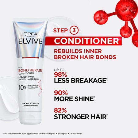 L'Oréal Paris Elvive Step 3 Conditioner tube shown on a white background with promotional text and red decorative graphics.