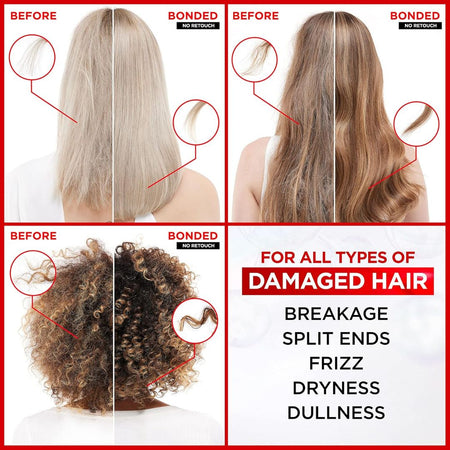 Before and after comparison of hair treatment on different hair types with text highlighting benefits.