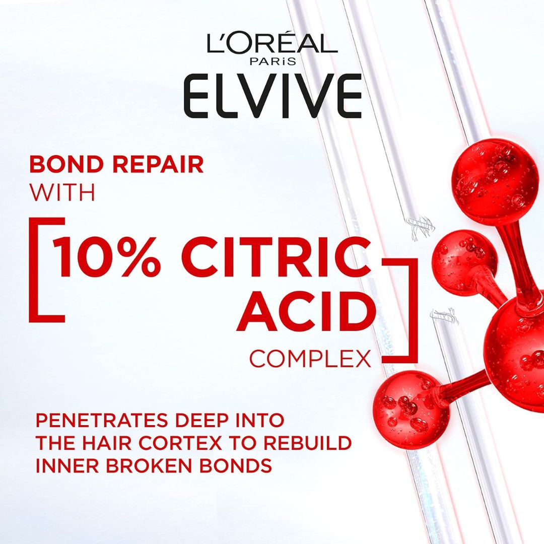 L'Oreal Paris Elvive advertisement with bond repair text and citric acid complex graphics.