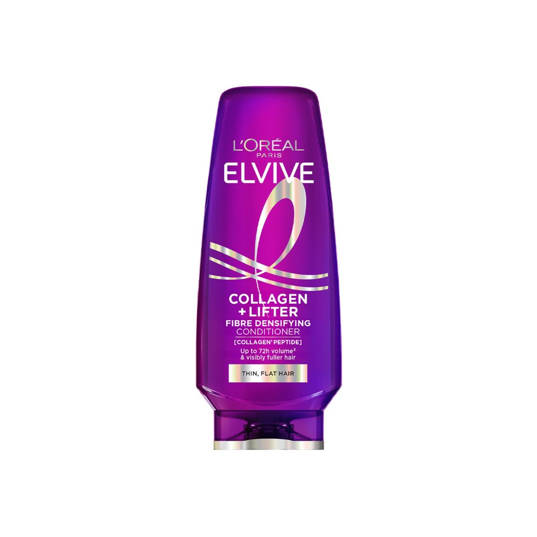 L'Oréal Paris Elvive Collagen + Lifter Fibre Denising Conditioner in a purple bottle with white and silver text, shown on a plain white background.